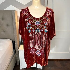 Johnny Was Dani Short Sleeve Embroidered Velvet Tee, Coffee